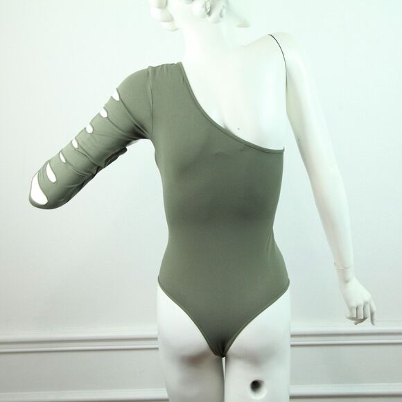 Vintage 90s Y2K Bebe One Sleeve Bodysuit Olive Green Rave Cutout XS S USA - Picture 7 of 14